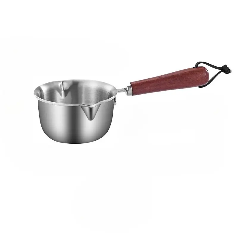 Stainless Steel Butter Warmer Pot With Wood Handle, Milk Heating Pot With Pour Spout, Anti-scald Handle Milk Frothing Cup, Espresso Latte Art Cup, Coffee Steamer & Butter Melting Pot for Coffee Making