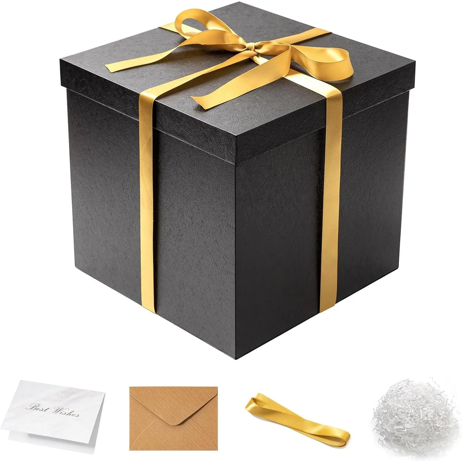 1-Pack Modern Deep 12x12x12in Square Black Gift Box with Lid, Office & Gift Wrapping Supplies - Includes Crinkle Paper, Ribbon, Card for Christmas, Birthday (12" Size, Square Shape)