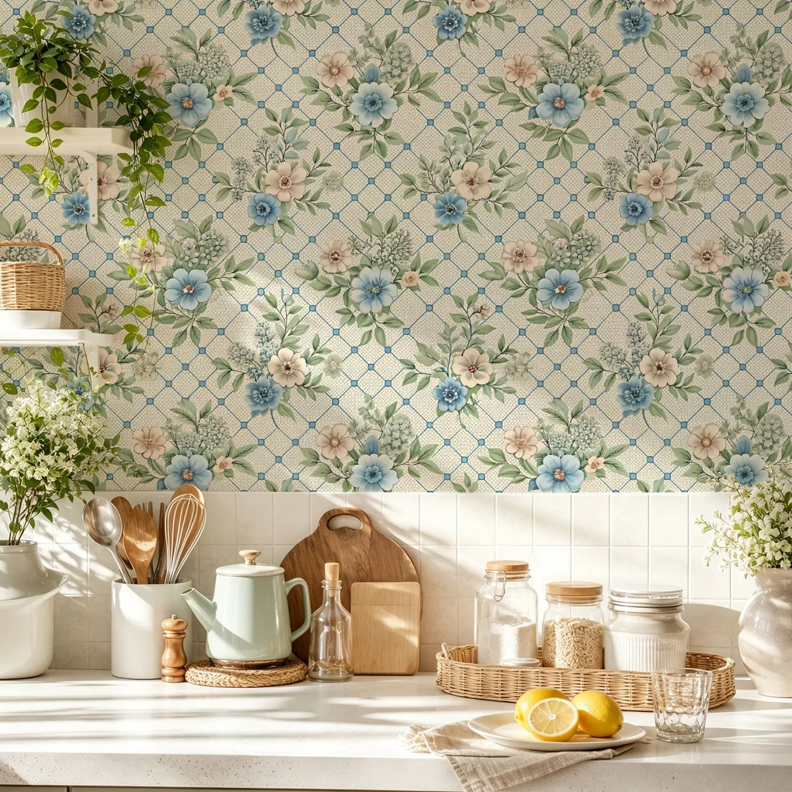 Light Blue Floral Self-Adhesive Wallpaper, Floral Peel and Stick Wallpaper, Vintage Plant Removable Wall Decor, Ideal for Living Room, Bedroom, Office, 44cm*3/5m