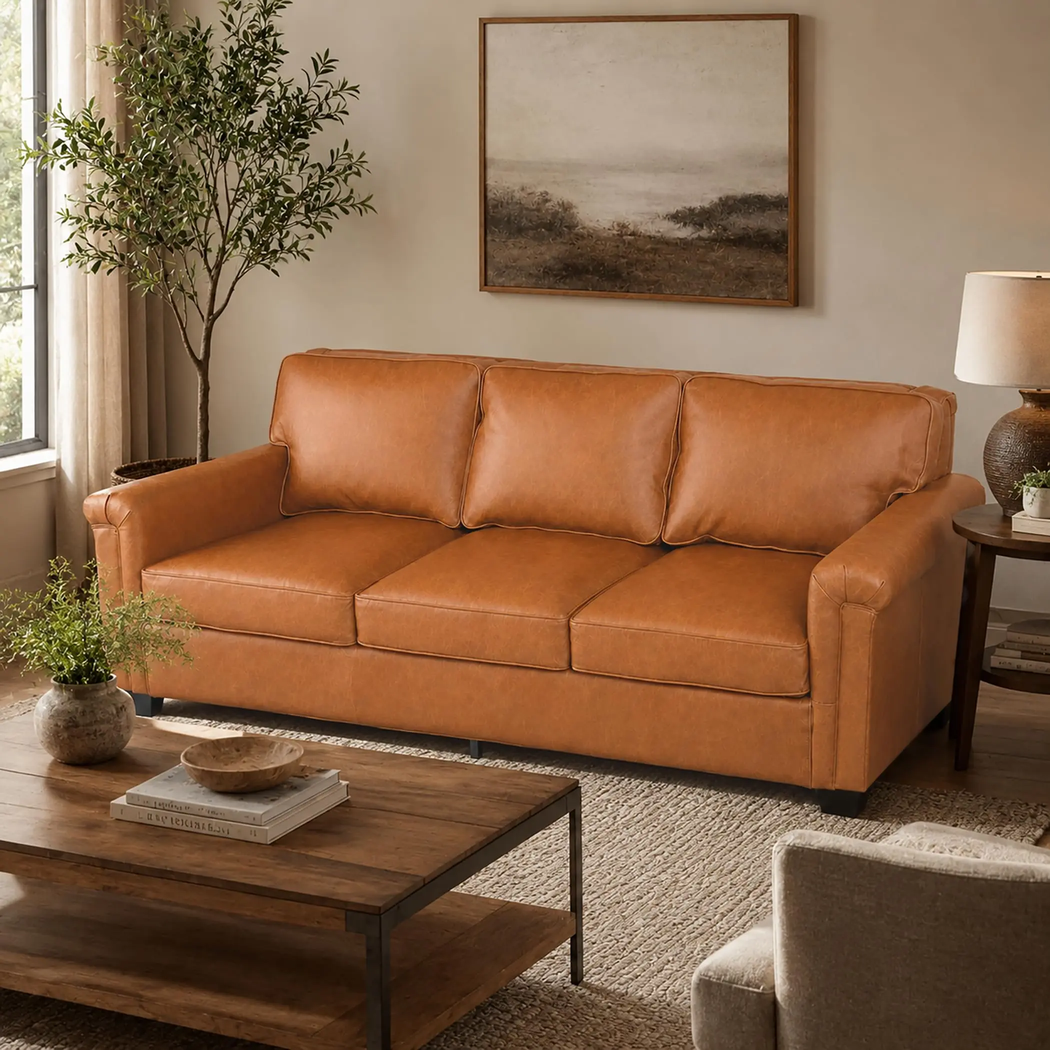 GAOMON Faux Leather Chesterfield Sofa, 81-87.8in 3-Seater Sofas Living Room with Deep Seat, Padded Backrest, Comfy Cushions, Sitting Living Room Furniture (Black/Brown) for Office, Bedroom