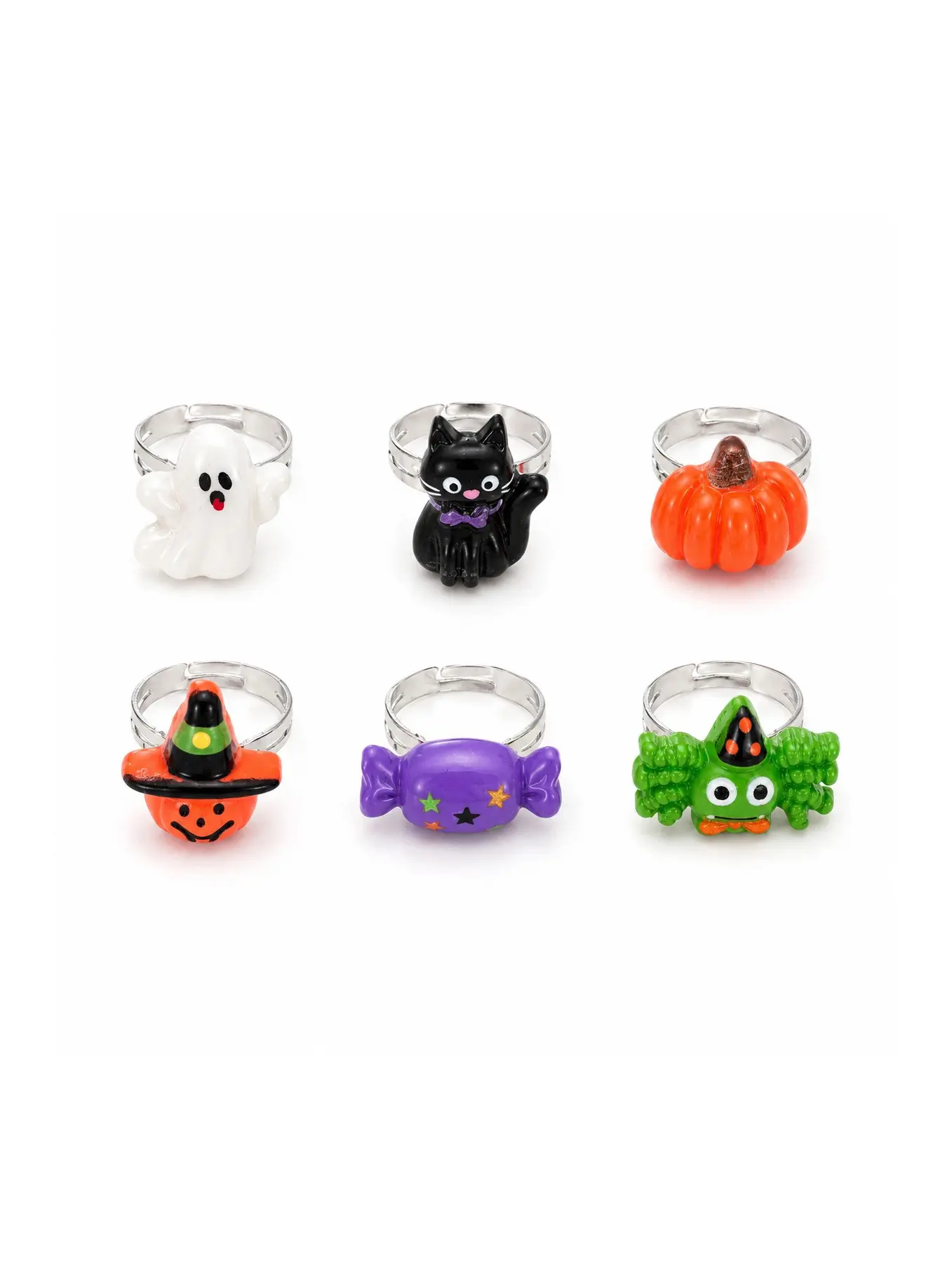 6 Pcs Halloween Adjustable Rings , Cute Ghost/ Pumpkin /Candy Costume Party Favors, Party Costume Accessories & Gift ，Suitable for both boys and girls