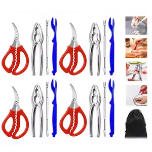 17-Piece Seafood Tool Set, Equipped with 4 Crab Crackers, 4 Seafood Picks, 4 Lobster Clamps, 4 Seafood Shears and 1 Storage Bag. Dual-use design for crabs and lobsters, also applicable for walnuts, pecans, perfect for family dinners, parties and daily