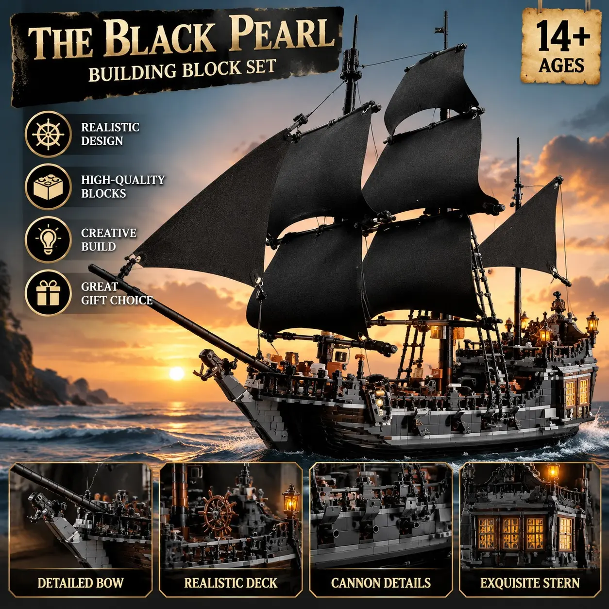 New Black Pearl Ship Model Building Blocks Desktop Toy Set, Assembly Brick Toy for Adults, Boys Girls, Holiday Birthday Christmas Gift