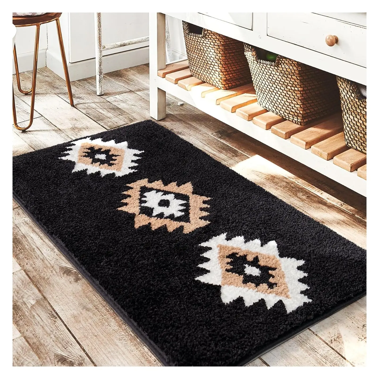 Black 20x32 Aztec Boho Western Plush Bath Mat | Quick Dry Machine Washable Non-Slip Bathroom Rug for Tub Shower Home Decor AccessoriesGift
