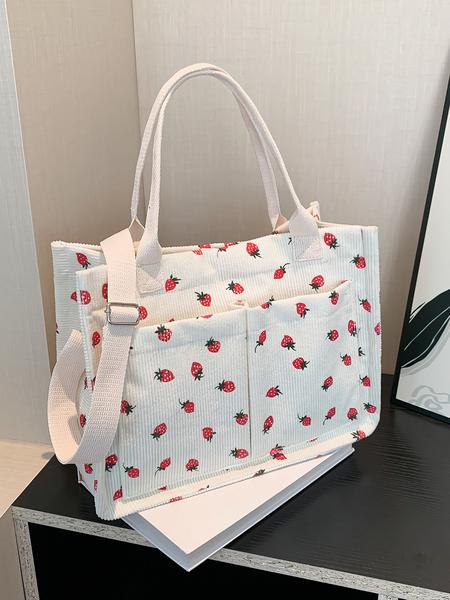 Small fresh strawberry print canvas tote bag for women Strawberry Themed Bag Large capacity multi-pocket shoulder bag Fashionable and versatile student bag Can hold mobile phones and cosmetics to meet the capacity needs of daily commuting and shopping