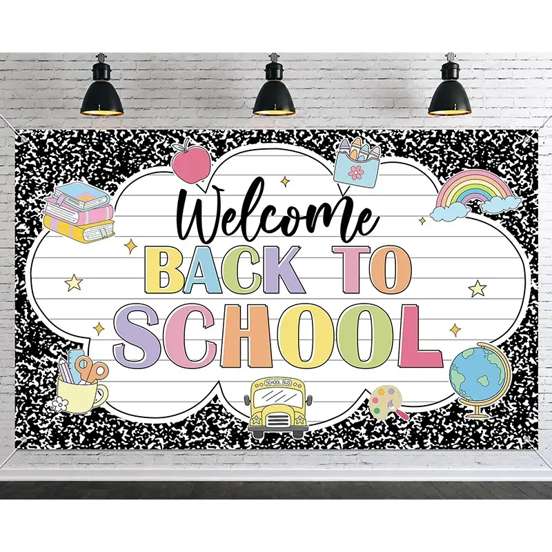 Composition Notebook Background, 71 x 43 inches; Back-to-School Banner; First Day of School; Hanging Banners; Girly Style; Welcome Back; Photography Background; Backdrops; Classroom Wall Decor