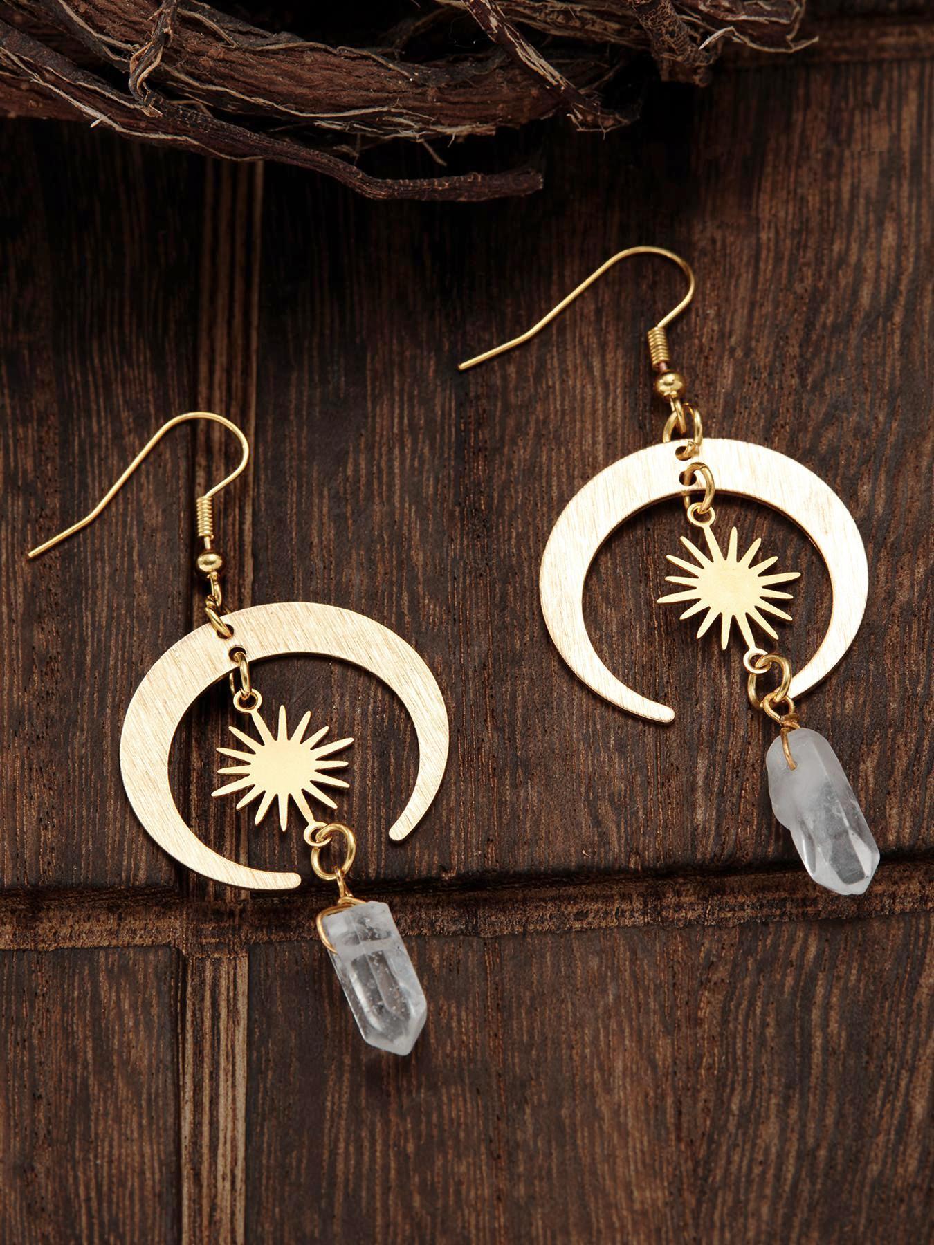Boho Style Sun & Moon Design Dangle Earrings, Vintage Clear Stone Decor Dangle Earrings, Fashion Jewelry Accessories for Women, Trendy Jewellery Accessories