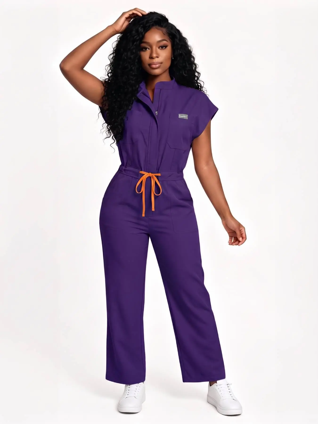 Performance Series Women Scrub Jumpsuit, Contrast‑Color Waist Belt Breathable Work Uniform, Non‑Stuffy for Long Wearing, Large‑Capacity Multi‑Pockets, Multiple Colors for Hospital, Clinic, Beauty Salon & Laboratory
