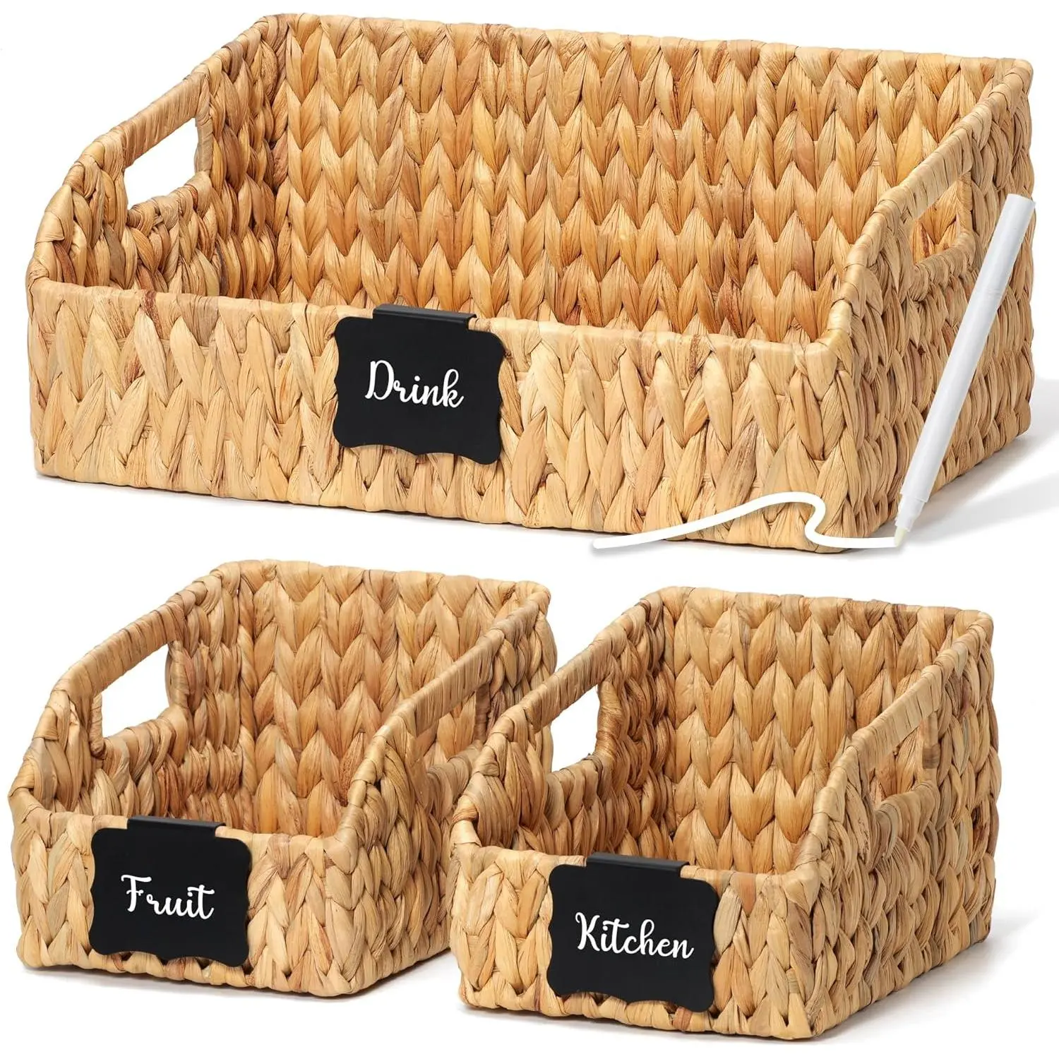 Pantry Baskets and Organizers, Large Wicker Baskets for Shelves, Handwoven Labeled Storage Basket for Organizing with Handles-Water Hyacinth Storage Bins, Boho Decorative, 3Pack, Natural