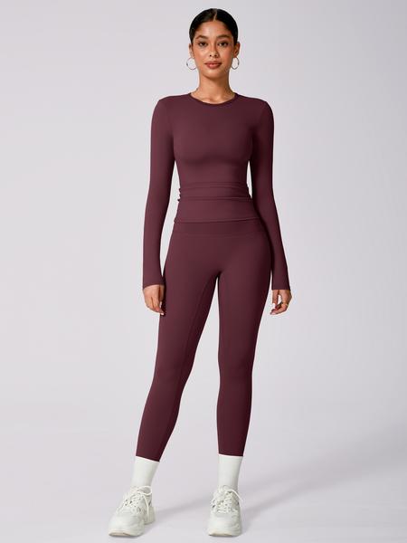 Women's Solid Long Sleeve Tee & High Waist Leggings Tracksuit Set, Sporty Round Neck Top & Skinny Pants Outfits for Gym Workout Running, Ladies Fall & Winter Sportswear, Sweatsuit Sets