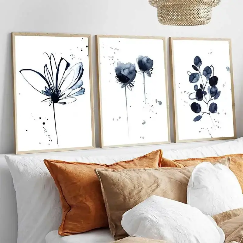 3pcs/set Unframed Watercolor flower poster abstract ink blue leaf wall painting art on canvas modern minimalist image mural roomdec