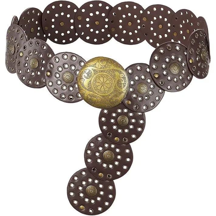 Wide Disc Belt for Women Vintage Hollow Bohemian Leather Belt Western Chunky Waist Belt Cowboy Metal Buckle Concho Belts(42inch)