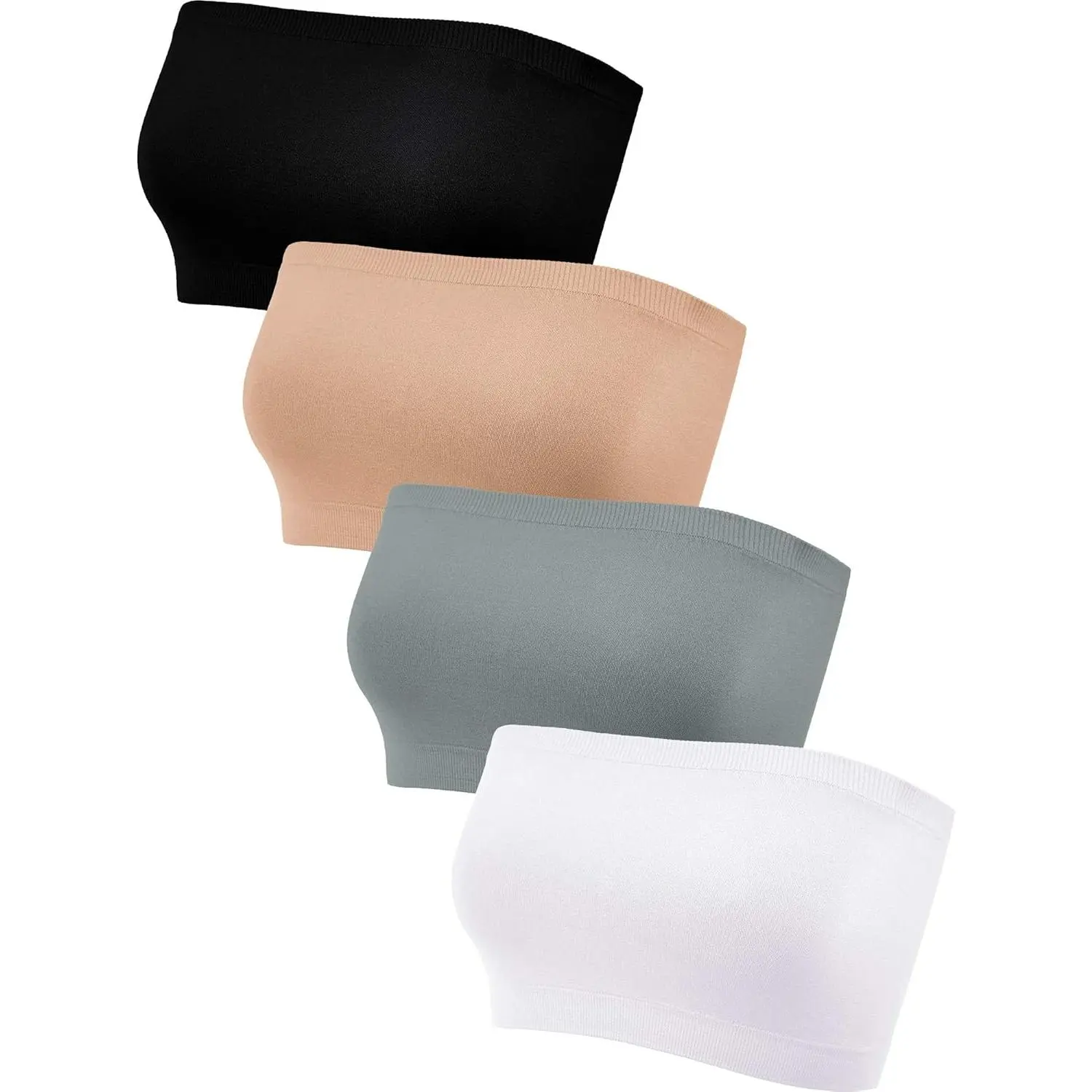 Women's 4-Piece Basic Everyday Essential Strapless Bandeau Bra Set - Seamless, Stretchy, Unlined, Wire-Free, Casual Tube Tops, Minimalist