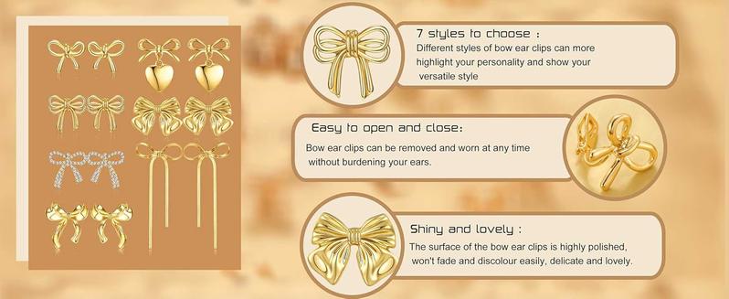 THUNARAZ 7 Pairs Diverse Golden Bow Clip on Earrings Non Piercing Ribbon Long Dangle Drop Tassel Ear Clips for Women Sparkly Jewelry Gift Set for Birthday Music Festivals Parties Important Occasions Christmas Gift