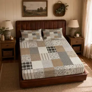 Vintage Patchwork Plaid Floral Fitted Sheet 3 Piece Set (1 Fitted Sheet + 2 Pillowcases, No Pillow Inserts), Deep Pocket Skin-friendly Bedding, for Teens & Adults, Apartments, Farmhouse Dorms & Rustic Decor, Ideal for Holiday Gifts