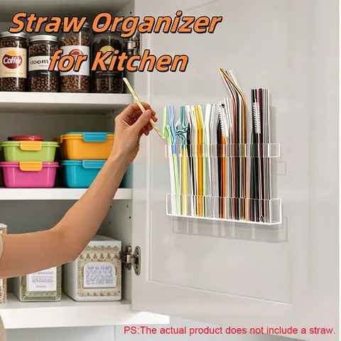 9.5" Large Clear Acrylic Straw Holder for Cabinet Door - Reusable Tumbler Straw Organizer Storage, Small Kitchen Accessories Container, Kitchen Essentials, Ultra Sticky Cupboard Door Mounted, Racks (Transparent), Durable Holder, Acrylic Organizers