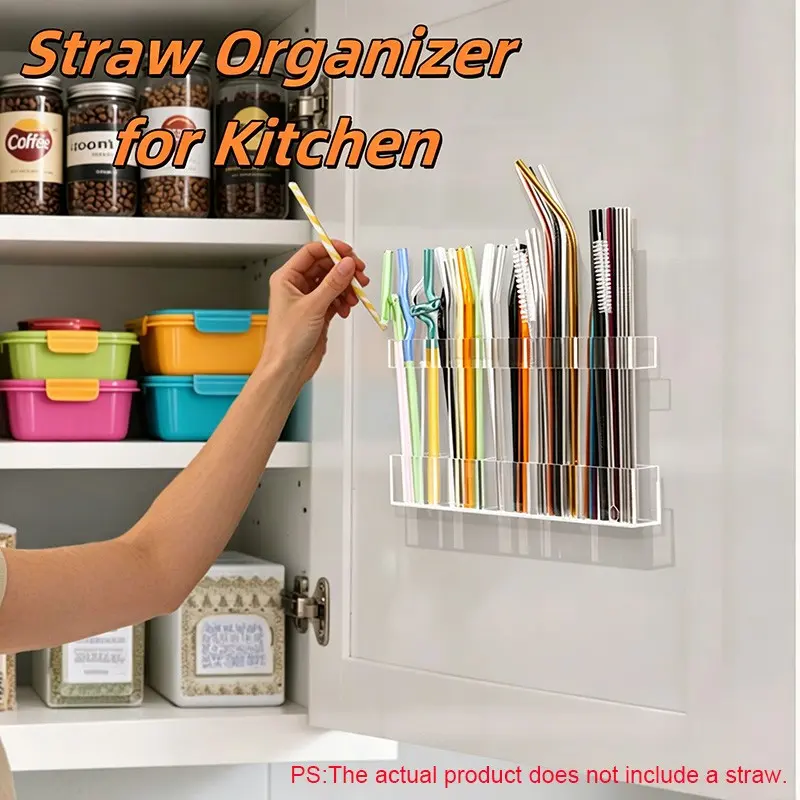 9.5" Large Clear Acrylic Straw Holder for Cabinet Door - Reusable Tumbler Straw Organizer Storage, Small Kitchen Accessories Container, Kitchen Essentials, Ultra Sticky Cupboard Door Mounted, Racks (Transparent), Durable Holder, Acrylic Organizers