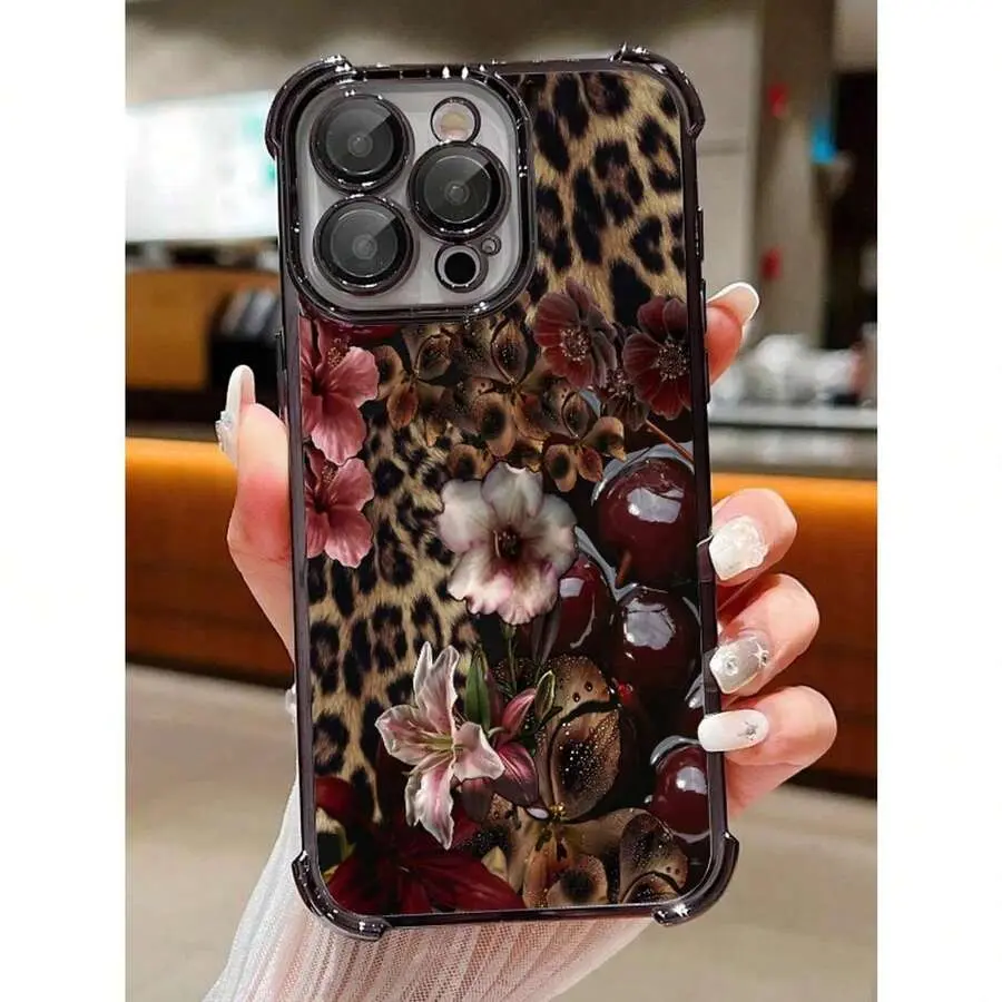 Leopard Print Cherry Blossom Silicone Phone Case - Durable, Transparent Soft Anti-Slip, Corner Drop Protection, Camera Protection Mobile Phone Accessories for iPhone 17/16/15/14/13/12/11, Ideal Holiday Gift for Friends