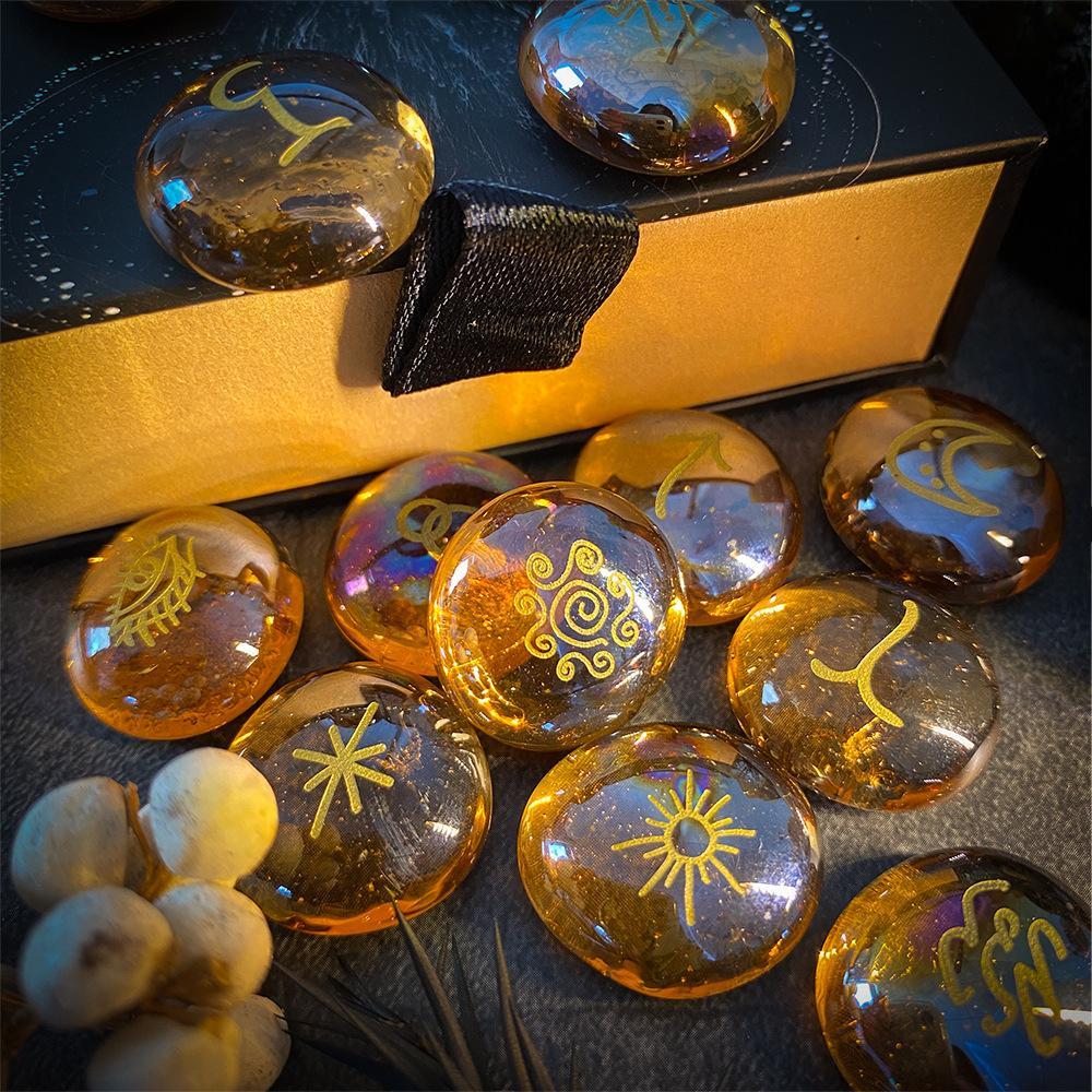 Witch Runes Set, 1 Set Glass Divination Stone with Storage Bag & Guidebook, Party Supplies for Mystical Gatherings, Witchcraft Gift Kit for Adults, Party Event Props