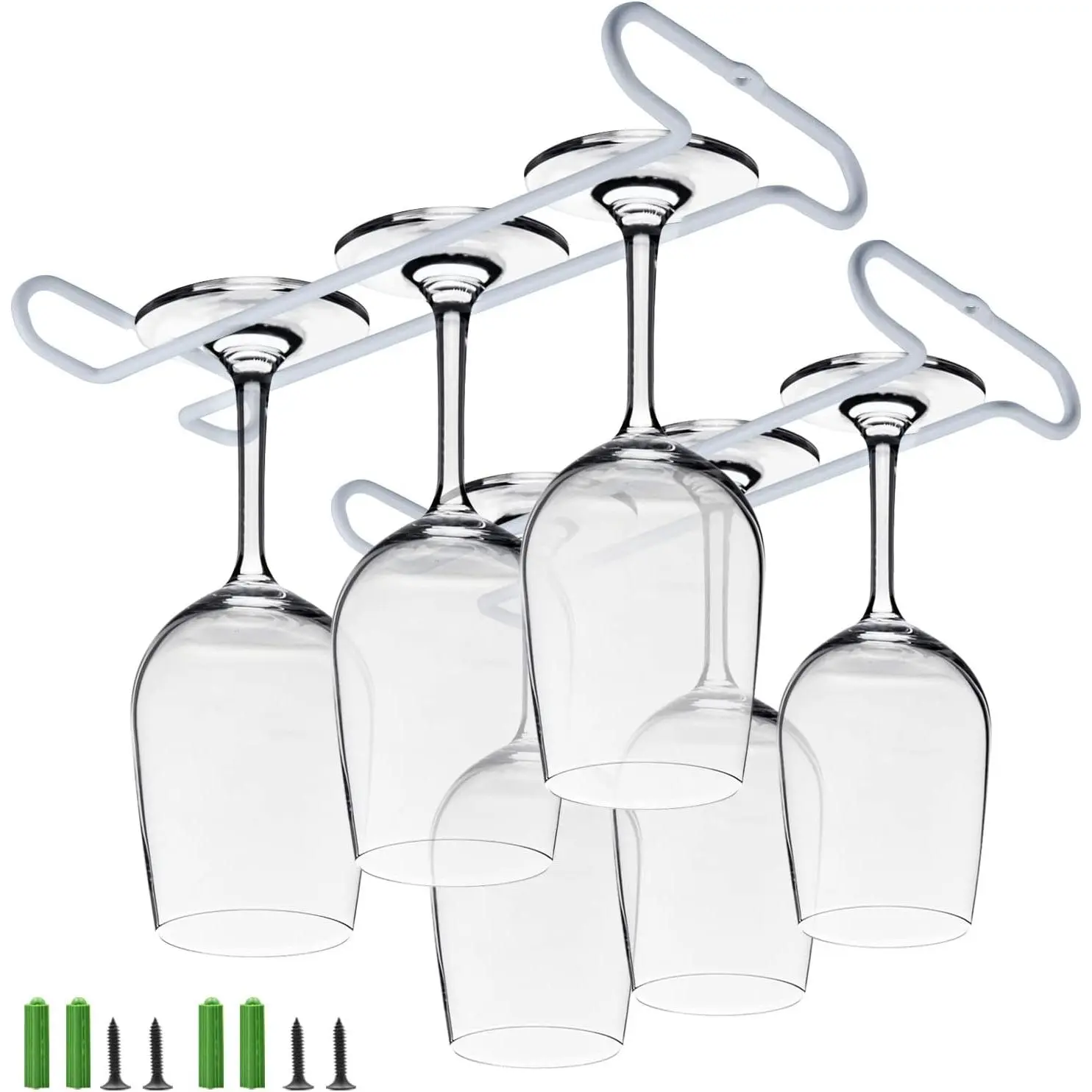 2-Pack Wrought Iron Wall-Mounted 10.4 in Under-Cabinet Glass Rack, Durable Kitchen Utility Organizer with Drying Feature, 2-Set Stemware Storage Hanger for Kitchen, Bar, Two Sets