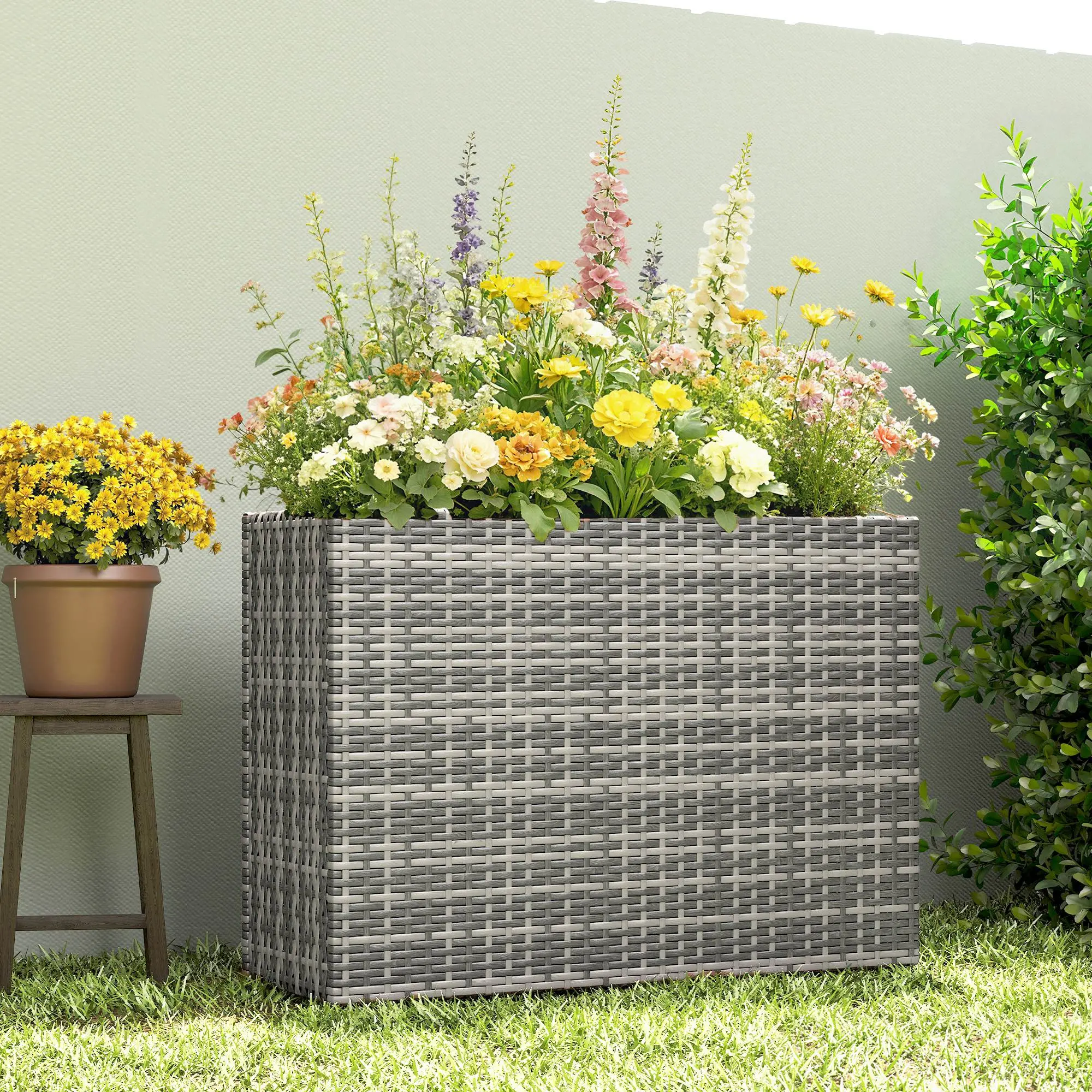 Outsunny 11.9 Gal Cap Tall Rectangular PE Wicker Planter Box, Large Modern Decorative Pot with Removable Liner, Drainage Holes, Raised Garden Container for Patio, Home Furniture Use
