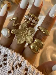 6 Piece Vintage Flower Pearl Ring Set, French Luxury Style, 3D Embossed Large Flowers, Irregular Shell, Twist/wave/round Beads