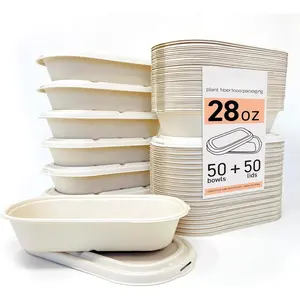 Disposable 28oz Oval  Containers with  -    & Sugarcane, Sturdy & Leak Resistant, Freezer & Microwave Safe for Hot & Cold (50 Bowls + 50 )