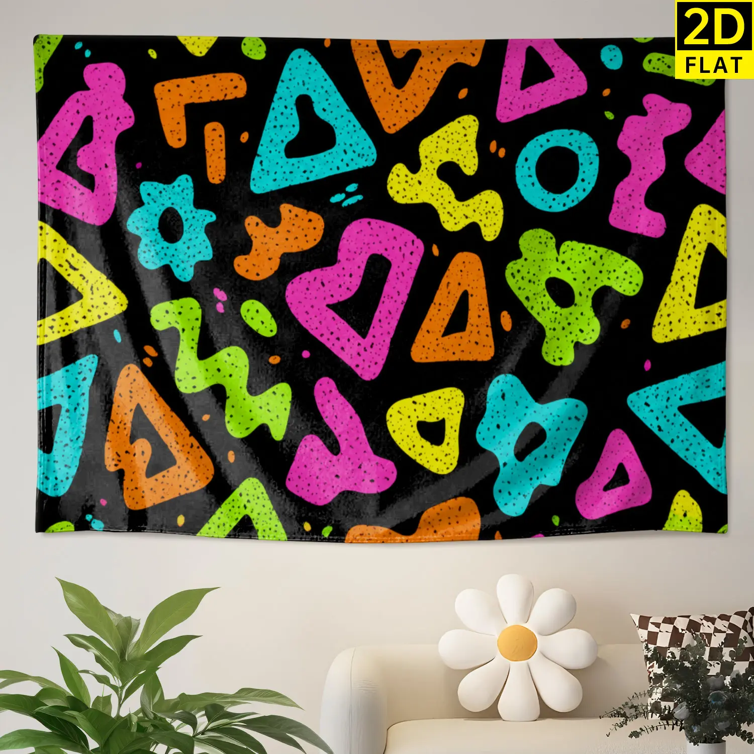 Polyester Colorful Neon Abstract Geometric Wall Tapestry - Multi-Size Horizontal Printed Hanging Blanket, Party Decor, No-Installation Indoor-Outdoor Home Decor, Hippie Vibe Gift Idea for Family
