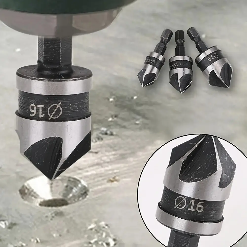 3pcs Hex Shank Hss Countersink Deburring Drill Bit Set, Five-Flute 90 Degree Chamfer Tool, Stainless Steel Woodworking Boring Tools