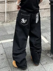 Men's Jeans with Pocket Print, Loose-Fit Street Style, All-Season Casual Wear, Multiple Sizes Available, No Belt Included