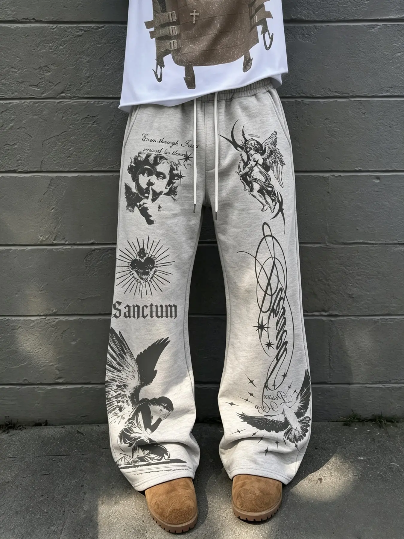 Unisex Grey Flared Sweatpants, Vintage Dark Angel Cherub Gothic Full Print Wide Leg Trousers, Y2K High Street Loose Bootcut Pants, boyfriend gifts, mens fashion, casual streetwear bottoms, ropa de hombre, hip hop graphic sweat pants for men women