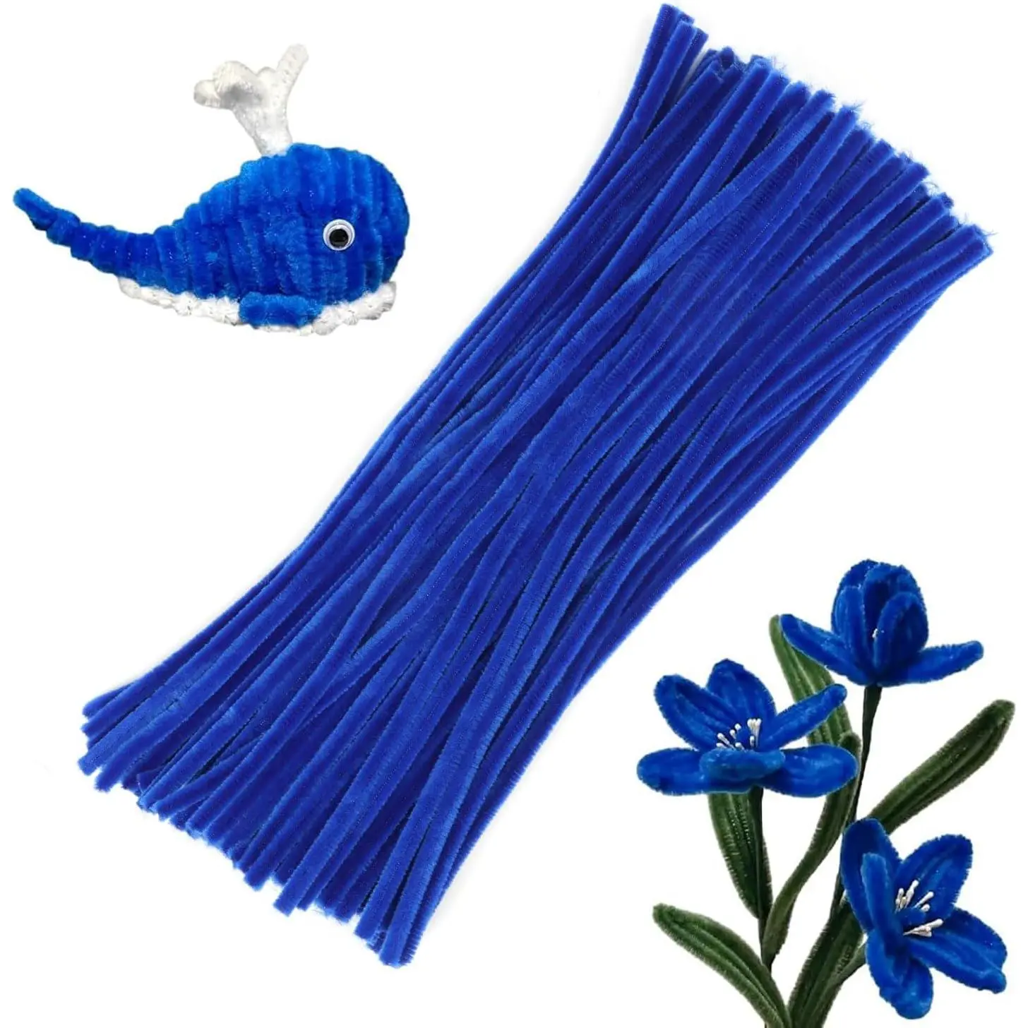 100-Count Royal Blue Synthetic Chenille Stem Pipe Cleaners, Crafting Supplies for School Art Festival Creative DIY Decorations