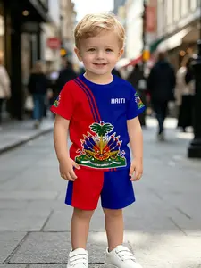 Boys' Blue Patchwork National Emblem Football Style Sports Uniform Set, Short Sleeve Shorts Two-Piece Set, Fashion Outdoor Sport, Birthday Gift, Festival Gift