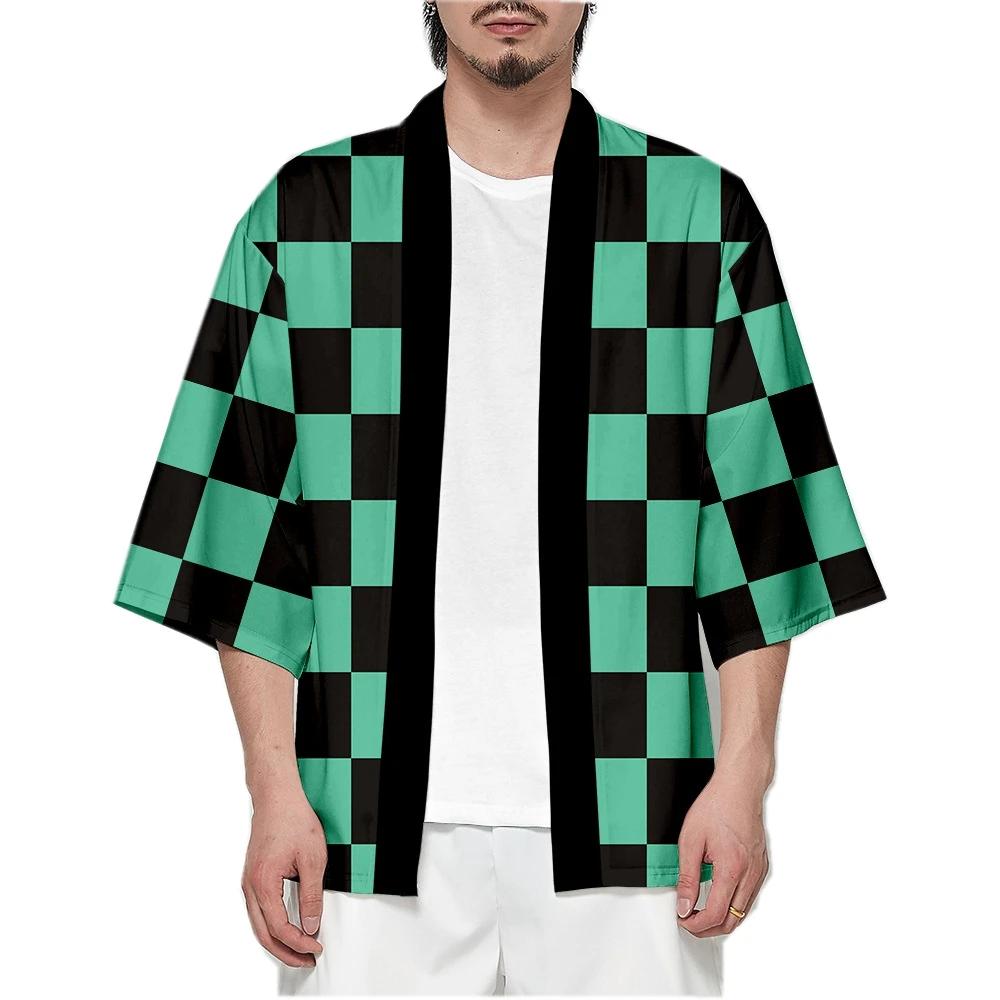 Men Japanese Anime Samurai Tanjirou Kamado Green Black Checkered Kimono Haori Cardigan Zenitsu Agatsuma Yellow Cosplay Costume