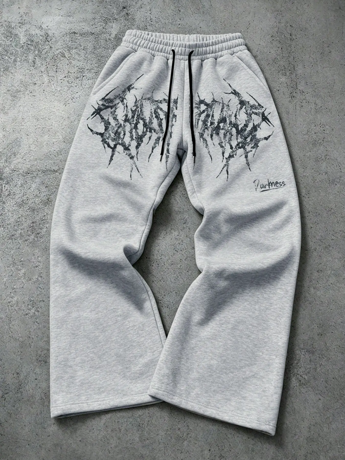 Dark Gothic Dual Drawstring Track Pants, Oversized Loose Flared Sweat Pants With Darkness Print For Men Concert Hip Hop Outfits