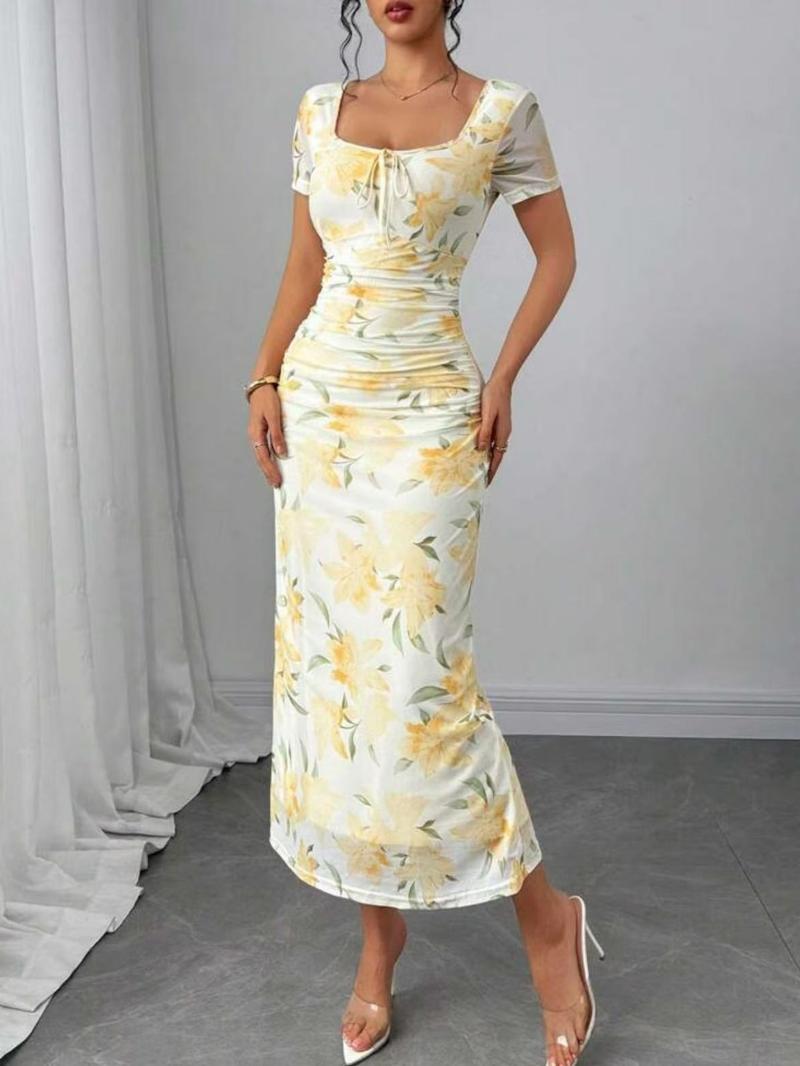 Women's Floral Print Dress, Elegant Dresses, Chic Elegant Aesthetic Short Sleeve Dress for Party Holiday Wedding Guest, Ladies Clothes for Summer, Womenswear