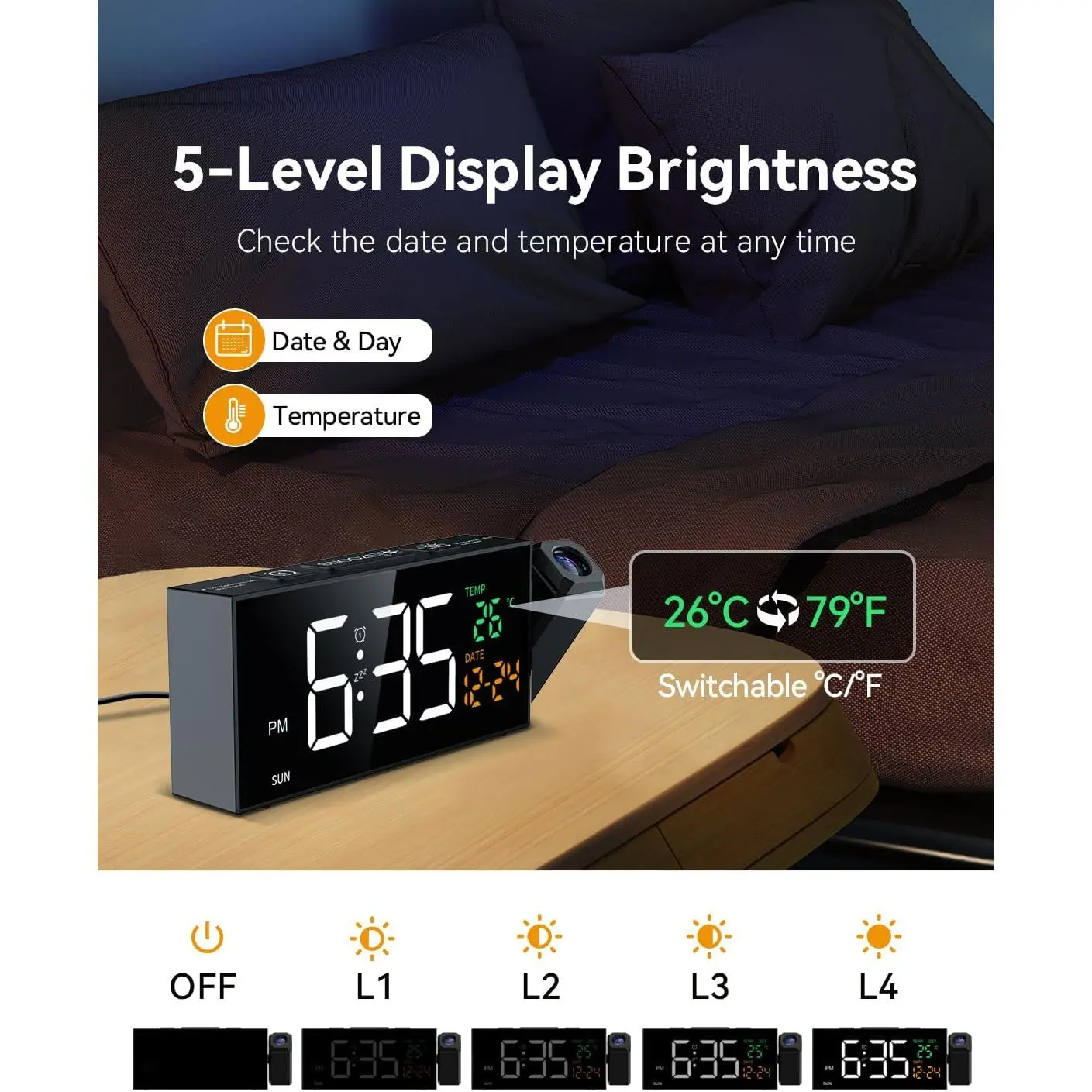 Black Projection Alarm Clock for Bedroom Ceiling 180 Degree Rotatable Projector Clock with Date Temperature Weekday Display Manual DST 5 Brightness Levels 10 Ringtones 4 Volume Adjustable Snooze Function for Home Bedroom Office