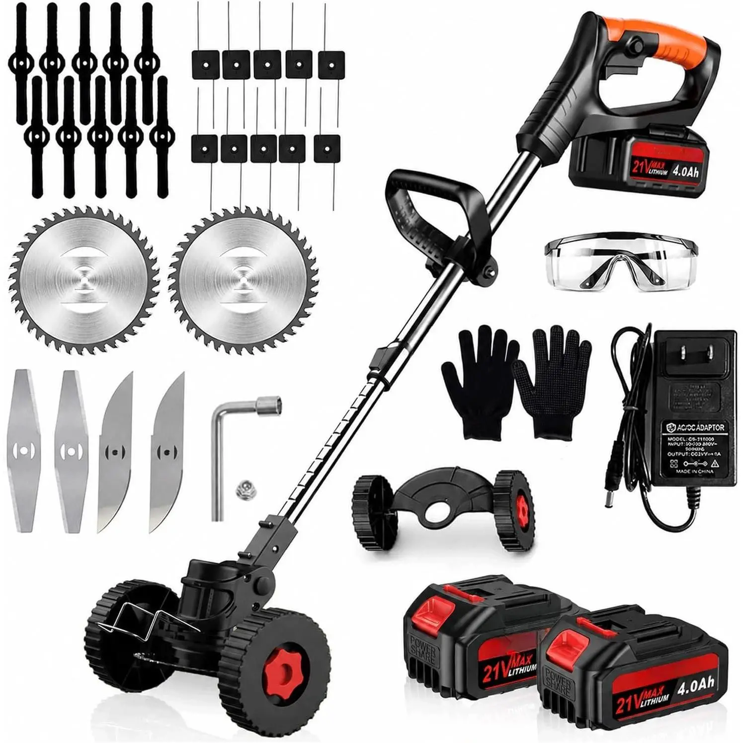 21V Weed Wacker with Wheels,Telescopic   Weed Eater, 3 in 1 Cordless GrassTrimmer, 2x4.0Ah  &Charger, 5 Types , Stringless Weed Trimmer for Garden and Yard