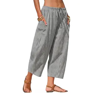Womens Cotton Faux Linen Gingham Barrel Capri Pants Plaid Palazzo Trousers Harem Pants Pockets Summer Beach Vacation