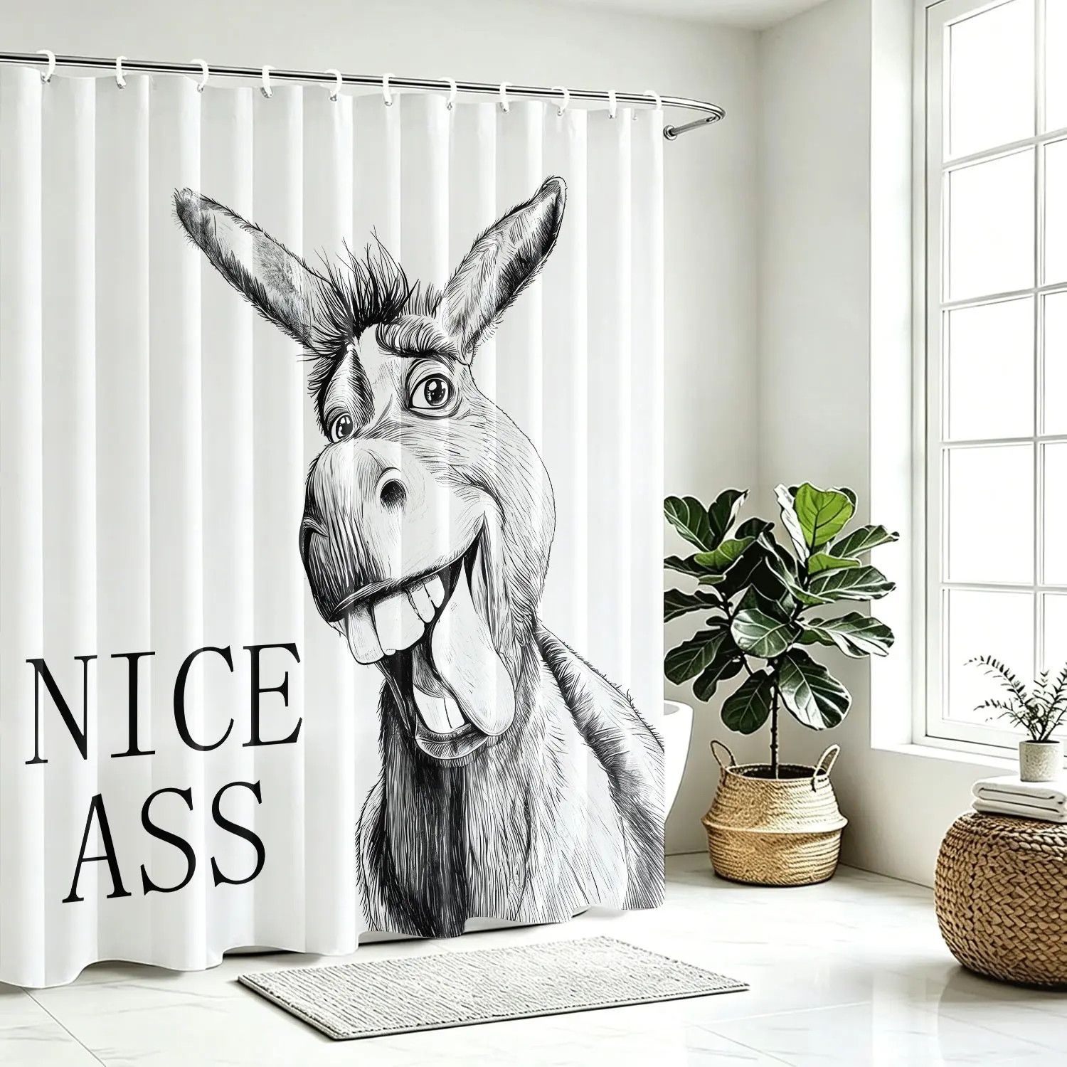 Novelty Funny Animal Bath Curtain, Black and White Hand Drawn Donkey Printed Polyester Shower Curtain, Lightweight Waterproof Restroom Divider Curtain with Hanging Hooks