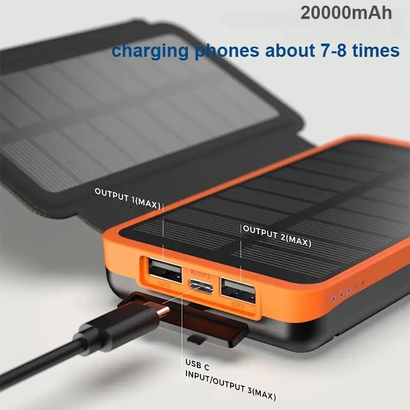 Solar Powered Power Bank, Portable Solar Rechargeable Phone Charger with Foldable Solar Panels, 20000mAh High Capacity Solar Power Bank for Smart Phones, Tablets