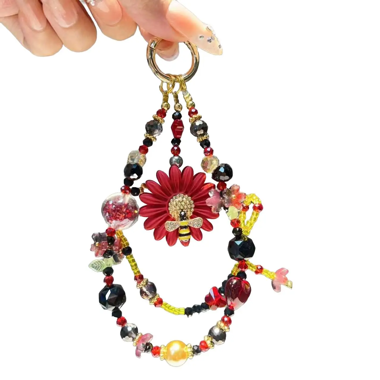 European Style Sunflower Bee Multi-Layer Crystal Pearl Phone Chain, Anti-Loss Phone Strap, Bag Keychain, Holiday Gift, Multiple Colors Available