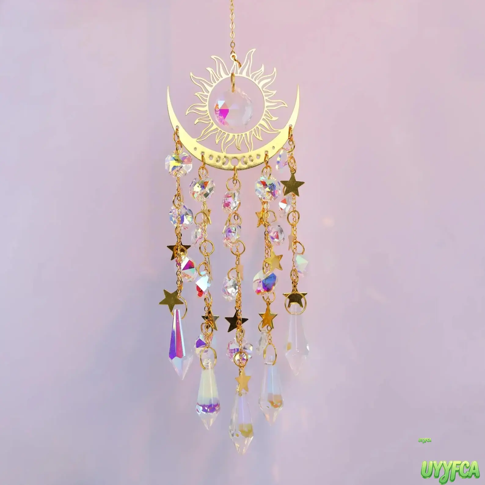 Boho Celestial Sun Moon Star Crystal Suncatcher Window Hanging,Frame Rainbow Prism Light Catcher, Iridescent Faceted Crystal Pendant, Boho Aesthetic Room Wall Decor, Minimalist Spiritual Housewarming Gift For Women Indoor Home Ornament
