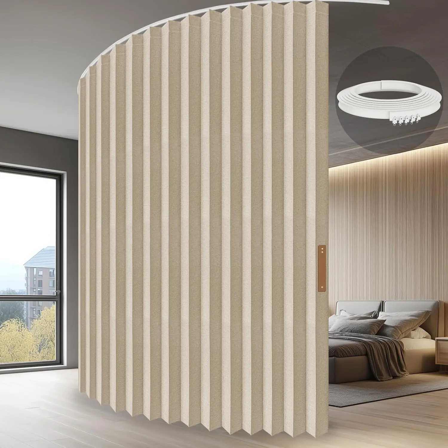 Curved Track-Mounted Accordion Folding Room Partition with Ceiling Track, Retractable Room Divider Curtain, Effortless Setup (Beige, 100x84", Pack of 1)