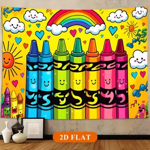 2D Flat Banner 1pc, Rainbow Crayon Happy World, Durable Polyester, Indoor Wall Hanging, Living Room, Studio, Outdoor Party, Birthday, Holiday Decor