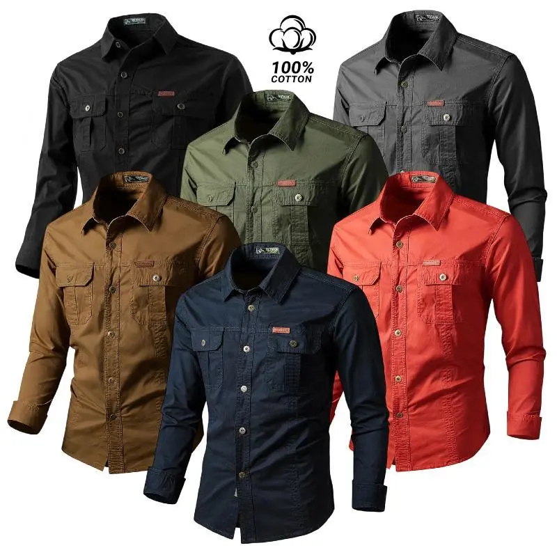 Men's 100% Cotton Long Sleeve Button Down Work Shirt, Slim Fit Tactical Utility Shirts with Dual Chest Flap Pockets for Outdoor Safari Camping Casual Travel