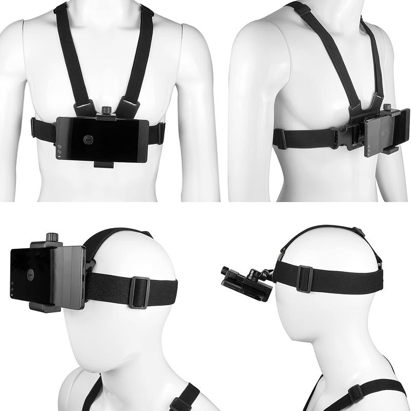 6-in-1 Chest Phone Mount Kit for Sports & Action Cameras, Adjustable Harness Strap for Phone/Osmo Action, Includes Camera Accessories & Device Mount, Hands-Free POV Shooting for Vlogging, Cycling, Hiking