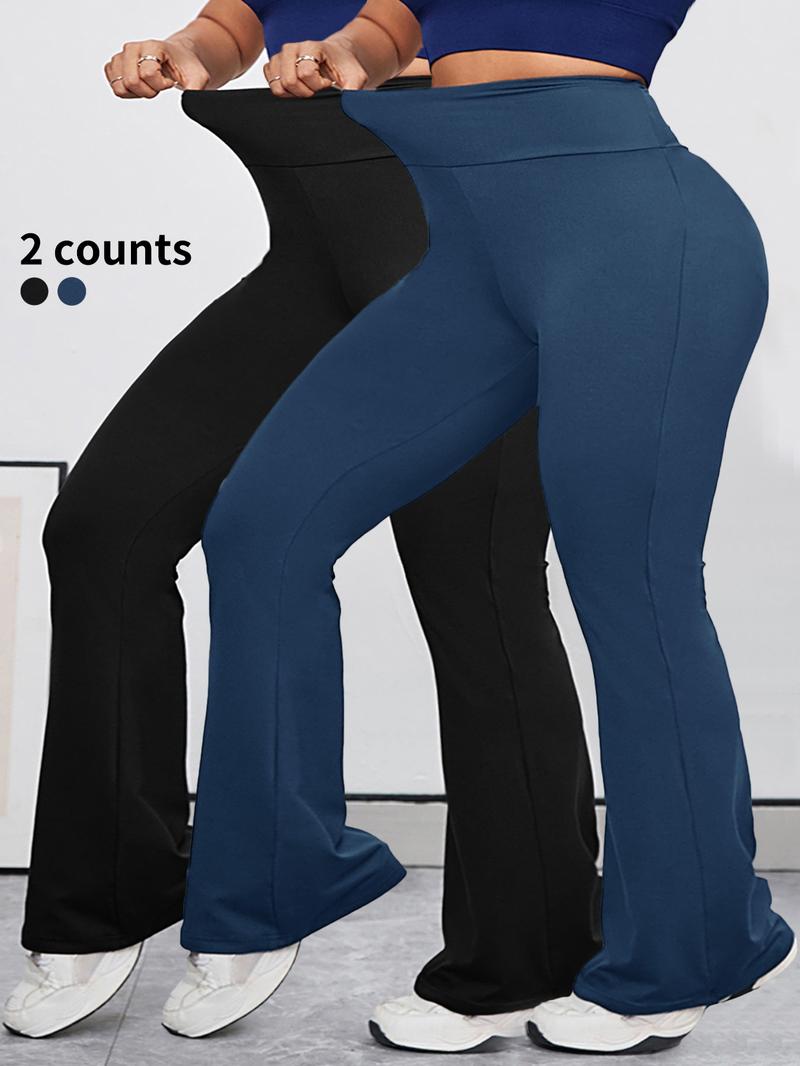 【Plus Size】 Solid High Waist Flare Leg Sports Leggings, Breathable Wide Waistband Bell Bottom Pants for Yoga Gym, Flared Yoga Bottoms, Women's Plus Sportswear for Summer