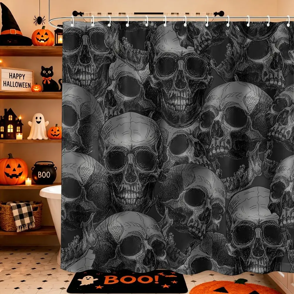 1Pcs Gothic Skull Shower Curtain, Waterproof Cloth Fabric Bathtub Privacy Curtain, Bold Skeleton Print Bathroom Decor Set for Men's Apartment, Horror Aesthetic Bathroom Accessories with 12 Hooks