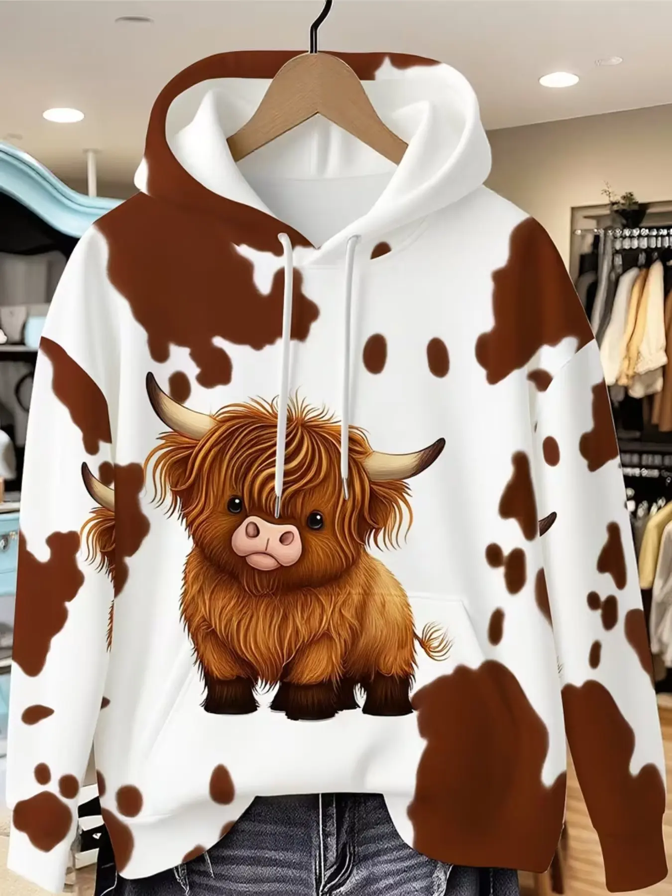 Printed Design Hoodie with Pockets, Cute Highland Cow Pattern, Gift for Animal Lovers, Casual and Sporty, All Seasons Pullover Sweatshirt